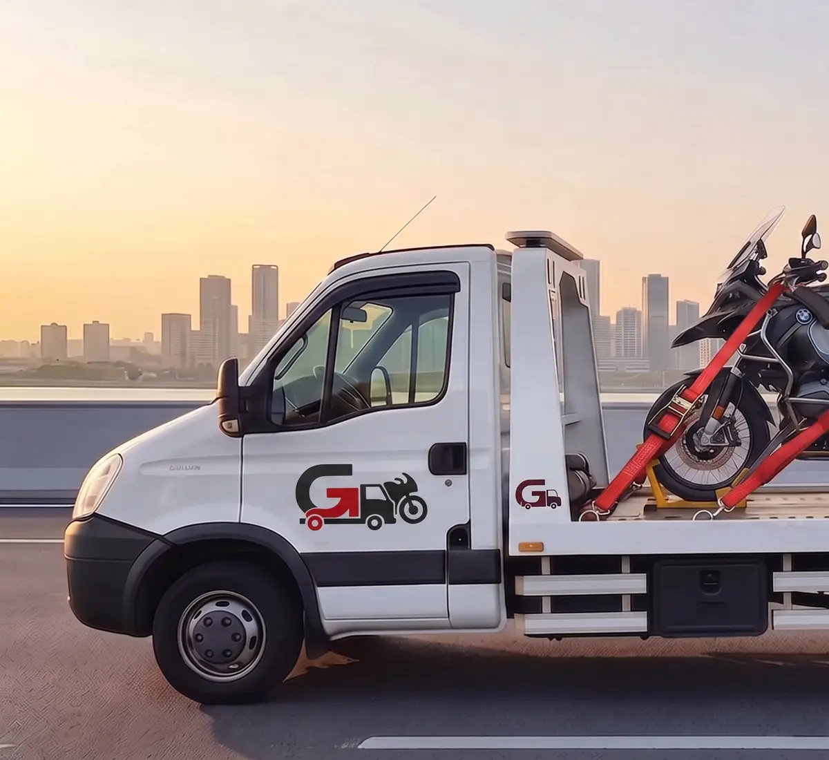 Güler Nakliyat logolu beyaz çekici; kasasında ön tekeri standa oturmuş, kayışlarla bağlı motosiklet.