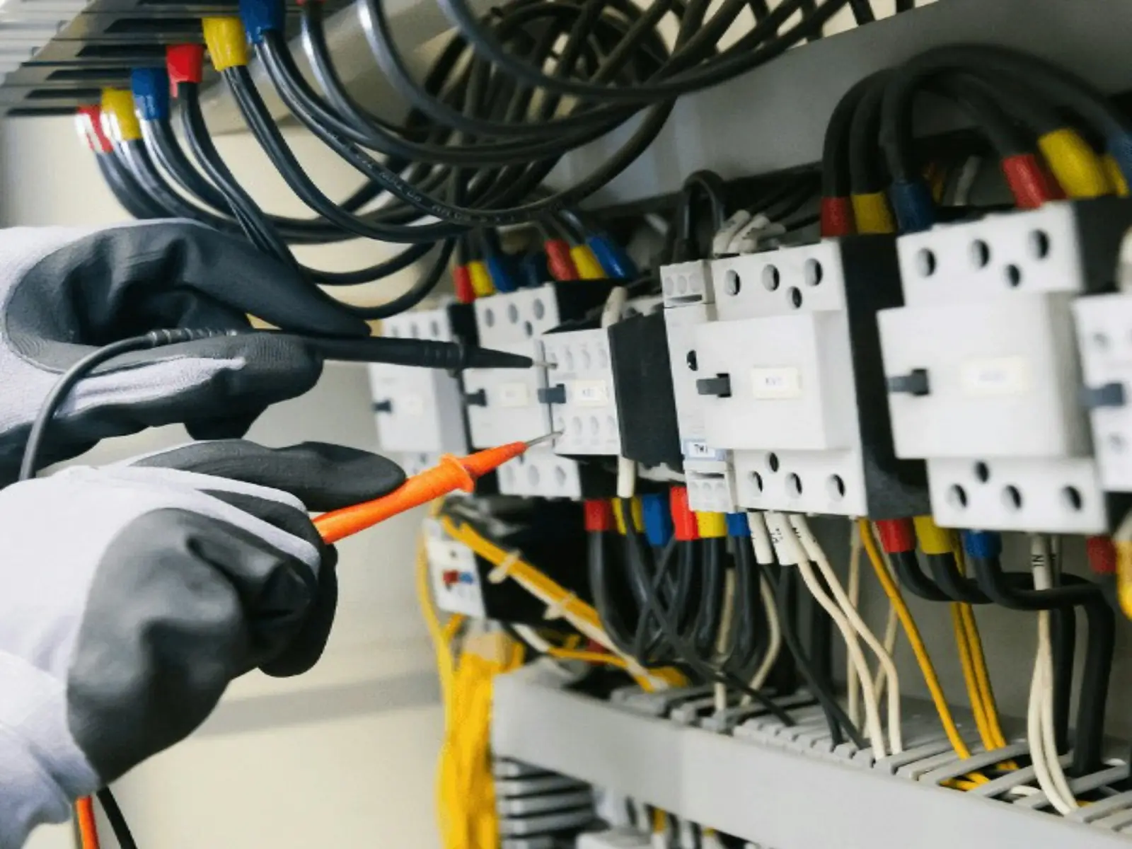 Eldivenli bir elektrik ustası sigorta panosundaki bağlantıları ölçü aletiyle kontrol ediyor.