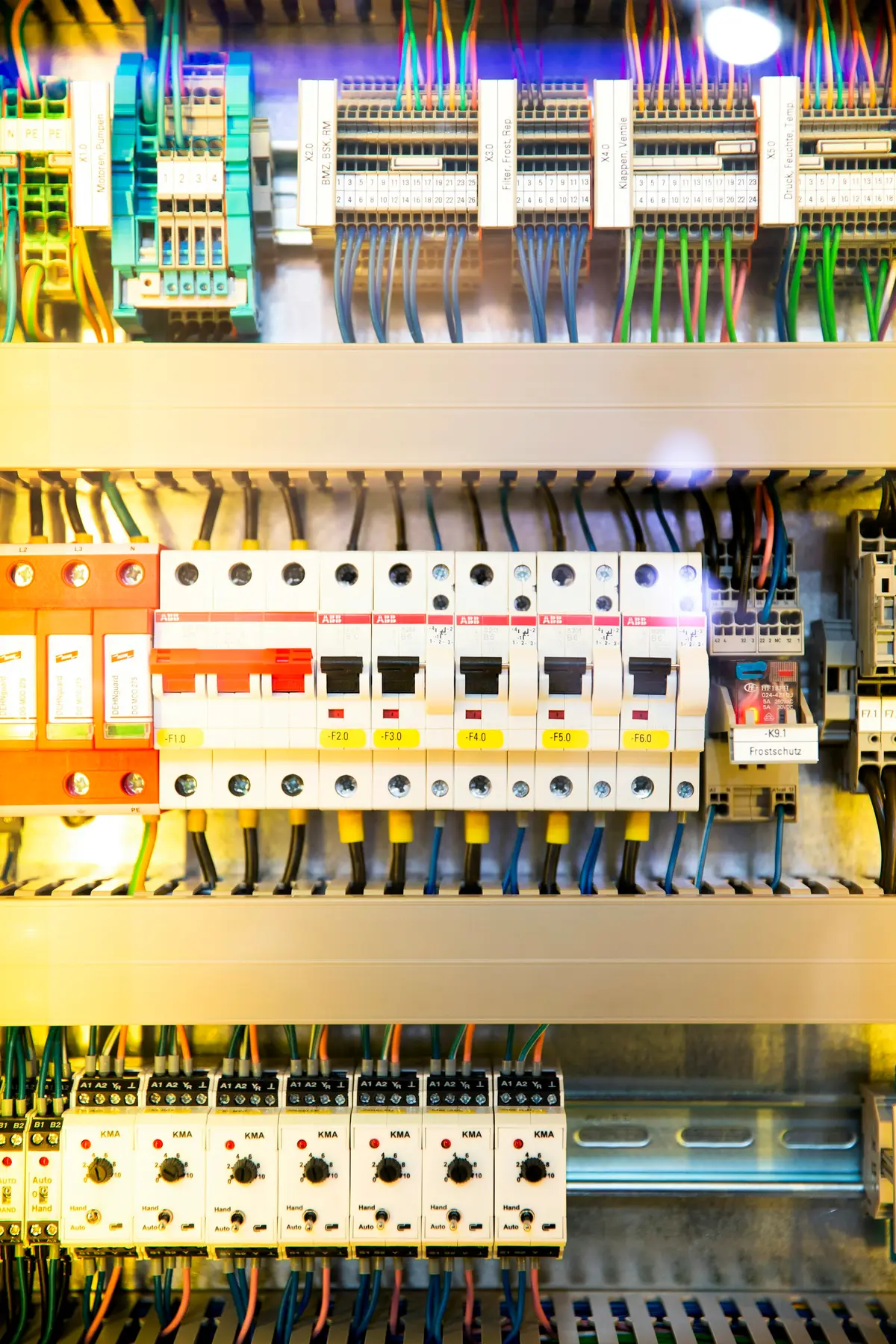 Açık bir elektrik panosunda sıra sıra dizilmiş sigortalar.